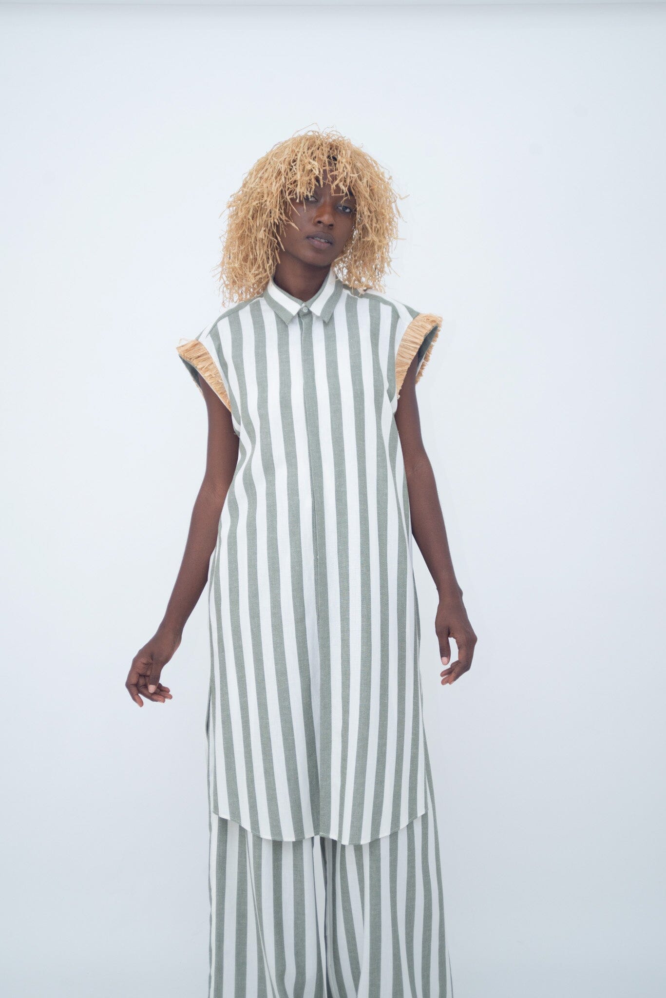 LONG SHIRT RAPHIA GREEN STRIPE LaurenceAirline 