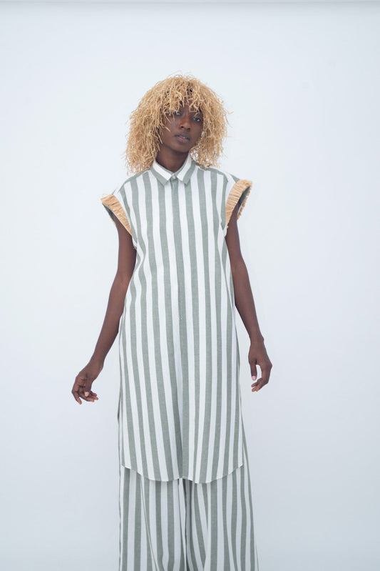 LONG SHIRT RAPHIA GREEN STRIPE LaurenceAirline 