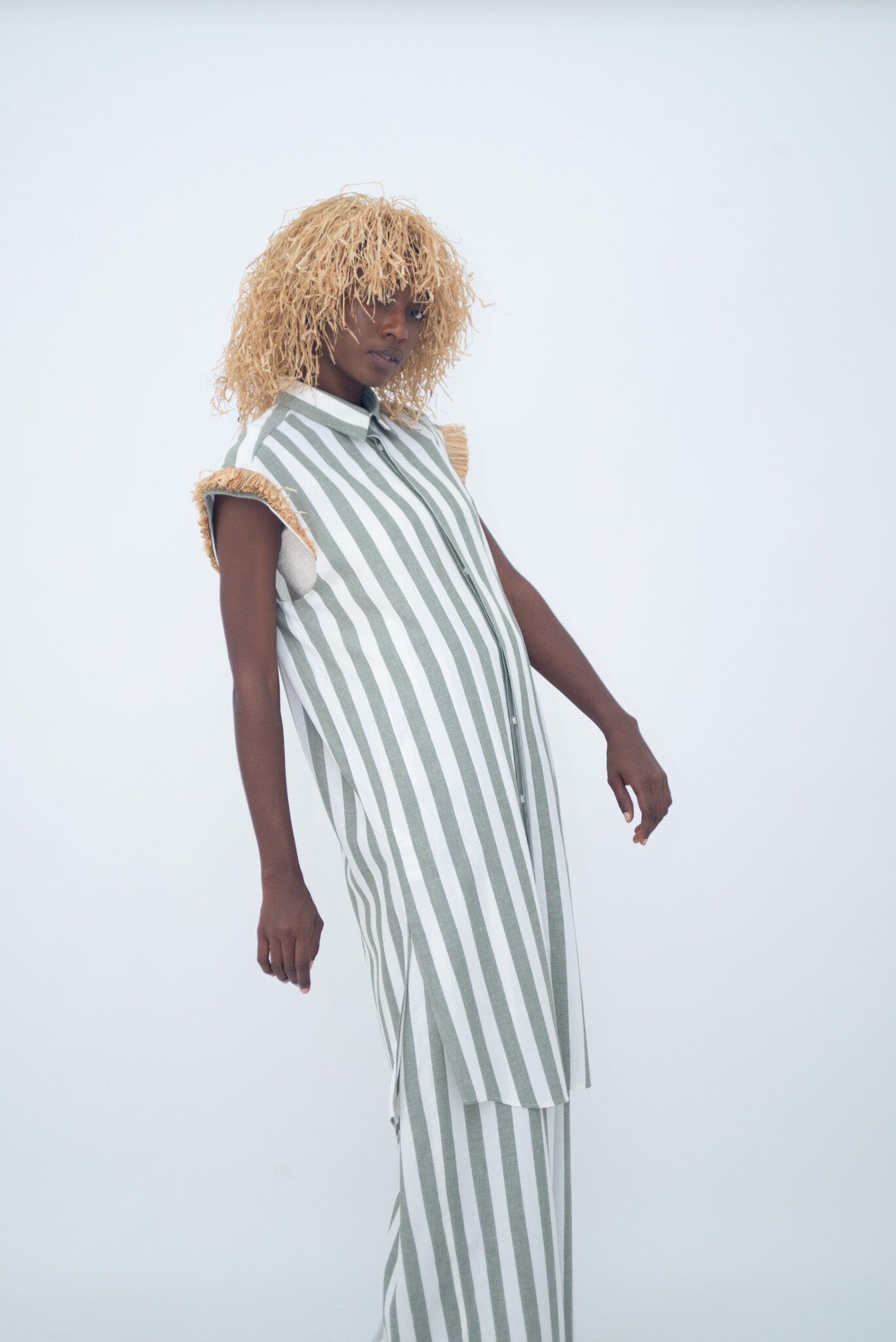 LONG SHIRT RAPHIA GREEN STRIPE LaurenceAirline 
